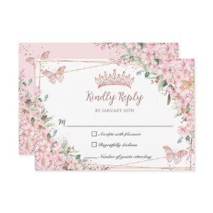 Cherry Blossoms Rose Gold Butterflies Quinceañera RSVP Card