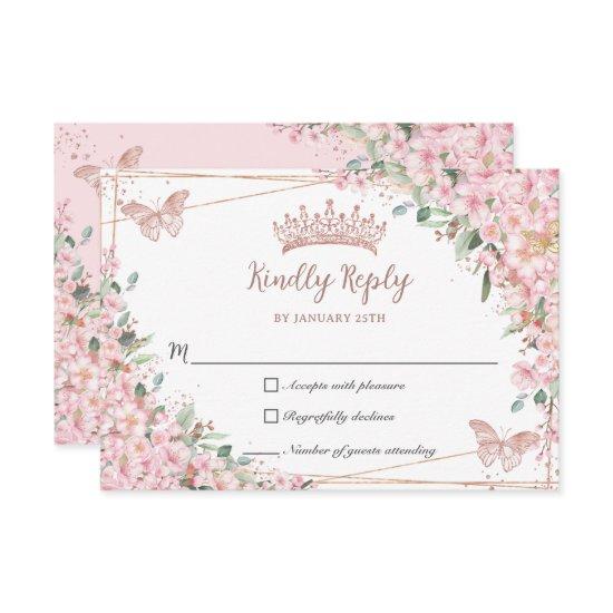 Cherry Blossoms Rose Gold Butterflies Quinceañera RSVP Card