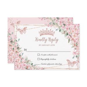 Cherry Blossoms Rose Gold Butterflies Quinceañera RSVP Card