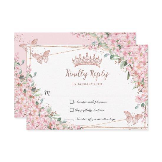 Cherry Blossoms Rose Gold Butterflies Quinceañera RSVP Card