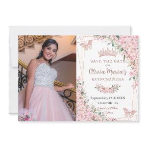 Cherry Blossoms Rose Gold Butterflies Quinceañera Save The Date