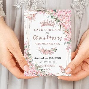 Cherry Blossoms Rose Gold Butterflies Quinceañera Save The Date