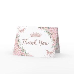 Cherry Blossoms Rose Gold Butterflies Quinceañera Thank You Card