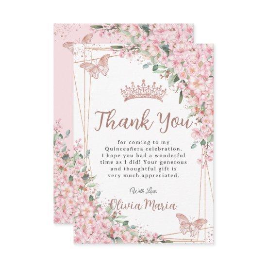 Cherry Blossoms Rose Gold Butterflies Quinceañera Thank You Card