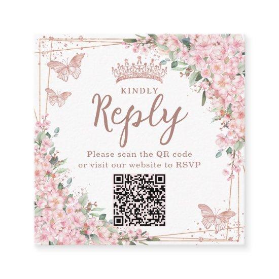 Cherry Blossoms Rose Gold Quinceanera QR Code Enclosure Card