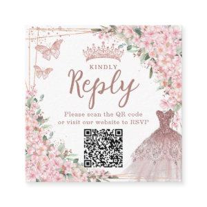 Cherry Blossoms Rose Gold Quinceañera QR Code Enclosure Card