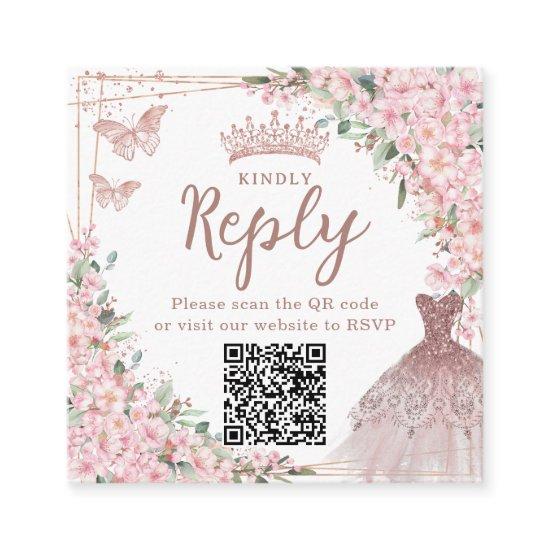 Cherry Blossoms Rose Gold Quinceañera QR Code Enclosure Card