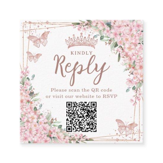 Cherry Blossoms Rose Gold Quinceanera QR Code Enclosure Card