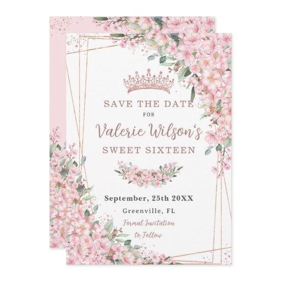 Cherry Blossoms Rose Gold Sweet 16 Quinceañera Save The Date