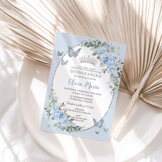 Chic Baby Blue Floral Butterflies Quinceañera