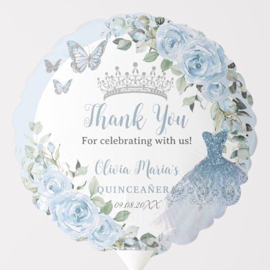 Chic Baby Blue Floral Dress Silver Quinceañera Balloon