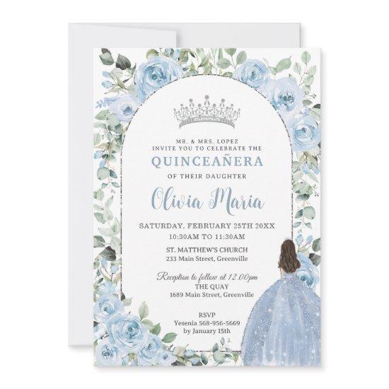 Chic Baby Blue Floral Princess Quinceañera Silver