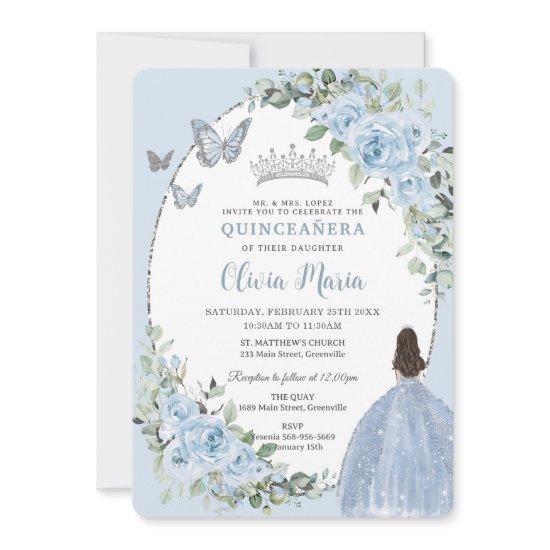 Chic Baby Blue Floral Princess Silver Quinceañera
