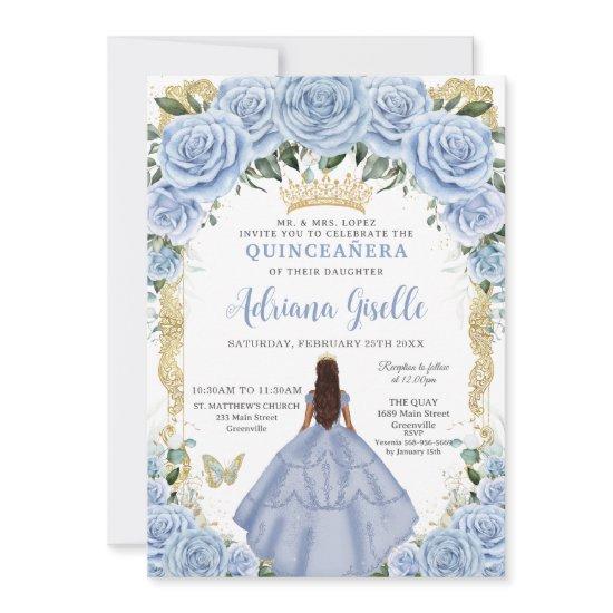 Chic Baby Blue Flowers Brown Princess Quinceañera