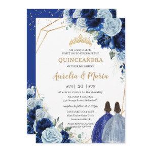 Chic Baby Blue Royal Blue Floral Twins Quinceañera