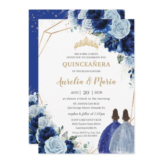 Chic Baby Blue Royal Blue Floral Twins Quinceañera