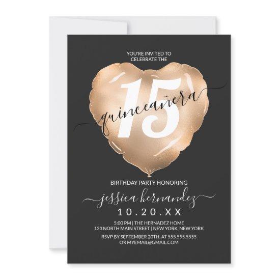 Chic Black Gold Foil Heart Balloon Quinceañera