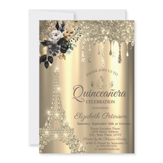 Chic Black Roses Eiffel Tower Gold Drips
