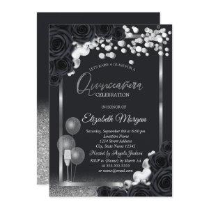 Chic Black Roses Wine Glass Balloons Quinceañera