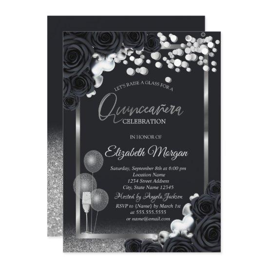 Chic Black Roses Wine Glass Balloons Quinceañera