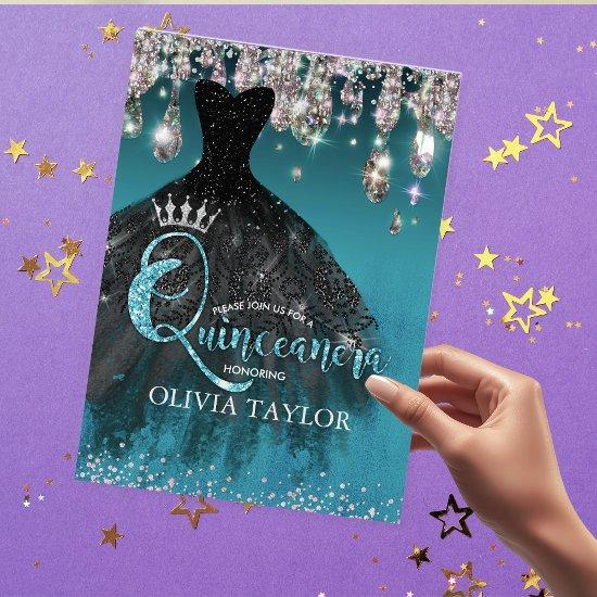 Chic Blue silver glitter drips Quinceanera