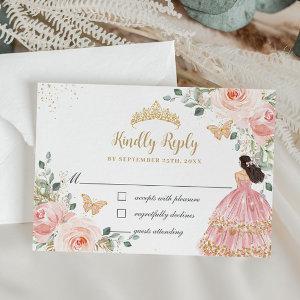 Chic Blush Floral Princess Quinceañera Gold Crown RSVP Card
