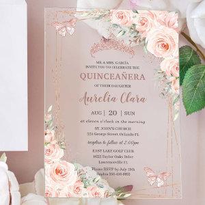 Chic Blush Floral Rose Gold Butterfly Quinceañera Acrylic