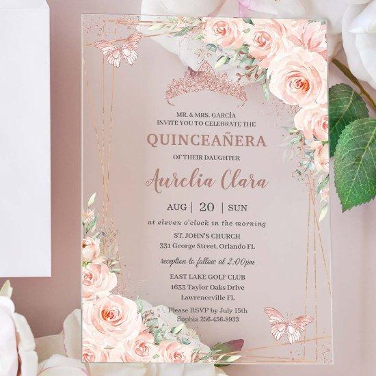 Chic Blush Floral Rose Gold Butterfly Quinceañera Acrylic