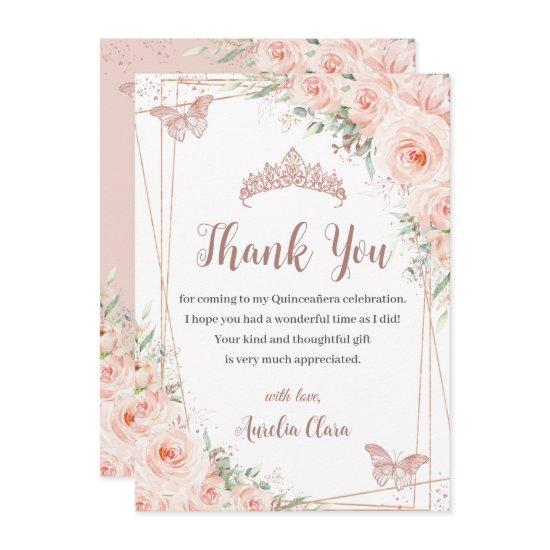 Chic Blush Floral Rose Gold Butterfly Quinceañera Thank You Card