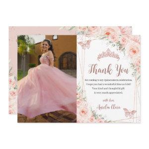 Chic Blush Floral Rose Gold Butterfly Quinceañera Thank You Card