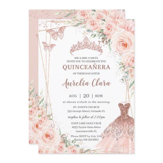 Chic Blush Floral Rose Gold Dress Gown Quinceañera