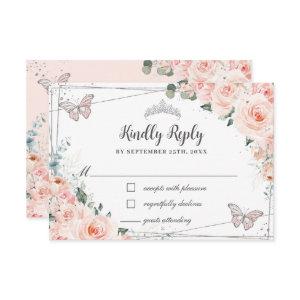 Chic Blush Floral Silver QUINCEAÑERA Butterflies RSVP Card