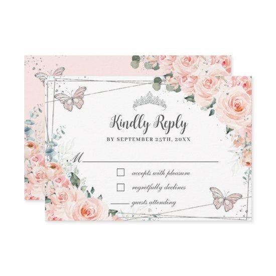 Chic Blush Floral Silver QUINCEAÑERA Butterflies RSVP Card