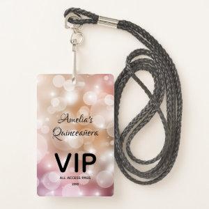 Chic Blush Pink Bokeh Quinceañera Invite VIP Pass Badge