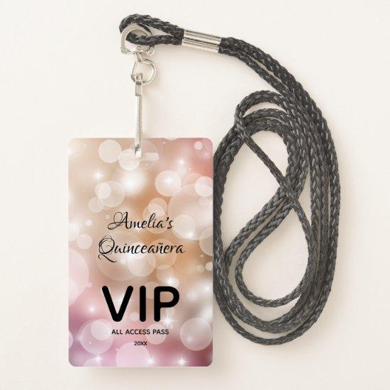 Chic Blush Pink Bokeh Quinceañera Invite VIP Pass Badge