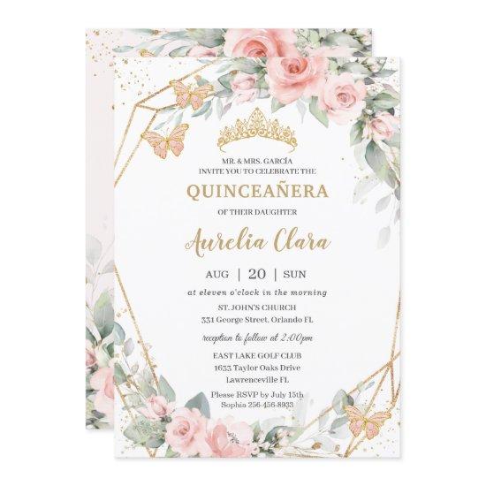 Chic Blush Pink Floral Butterflies Quinceañera