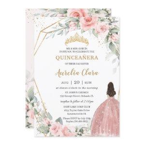 Chic Blush Pink Floral Princess Crown Quinceañera