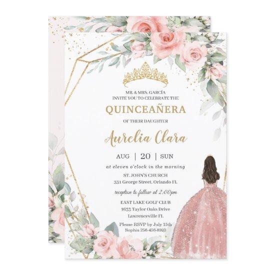 Chic Blush Pink Floral Princess Crown Quinceañera