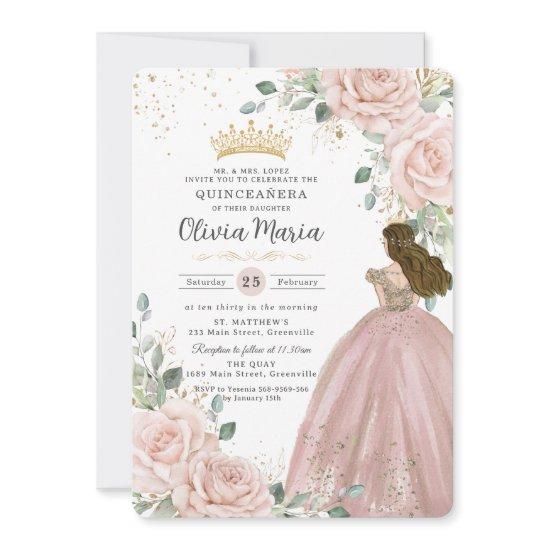 Chic Blush Pink Floral Princess Dress Quinceañera