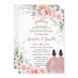 Chic Blush Pink Floral Rose Gold Twins Quinceañera