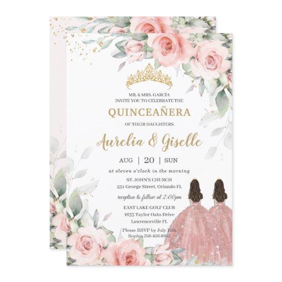Chic Blush Pink Floral Rose Gold Twins Quinceañera