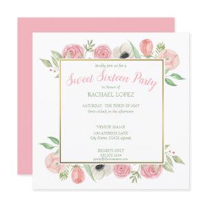 Chic Blush Pink Florals | Gold Frame Sweet Sixteen