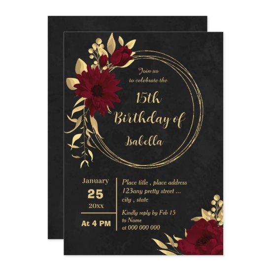 Chic burgundy and gold black birthday party