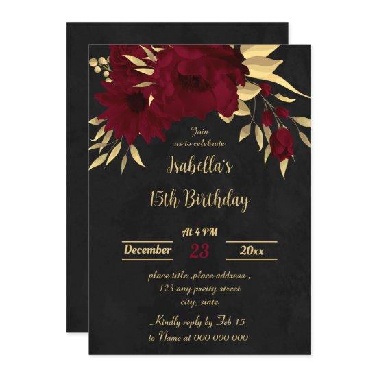 Chic burgundy and gold black birthday party