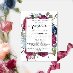 Chic Burgundy, Berry Red Blue Floral  Quinceañera