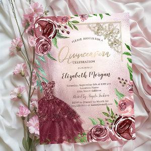 Chic Burgundy Flowers Dress Gold Frame Quinceanera