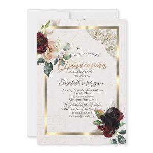 Chic Burgundy Flowers Gold Frame Quinceañera