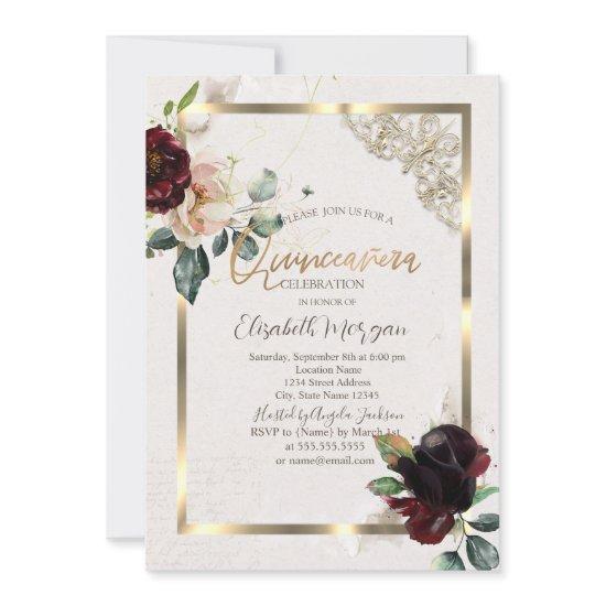 Chic Burgundy Flowers Gold Frame Quinceañera