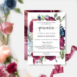 Chic Burgundy Red, Berry Blue Floral  Quinceañera