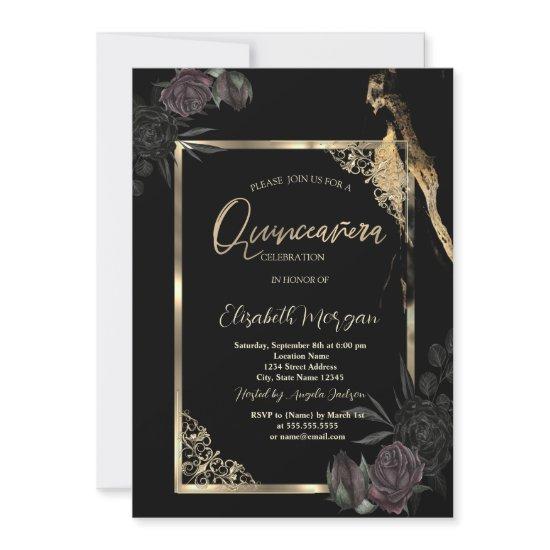 Chic Dark Roses Gold Frame Black Quinceañera